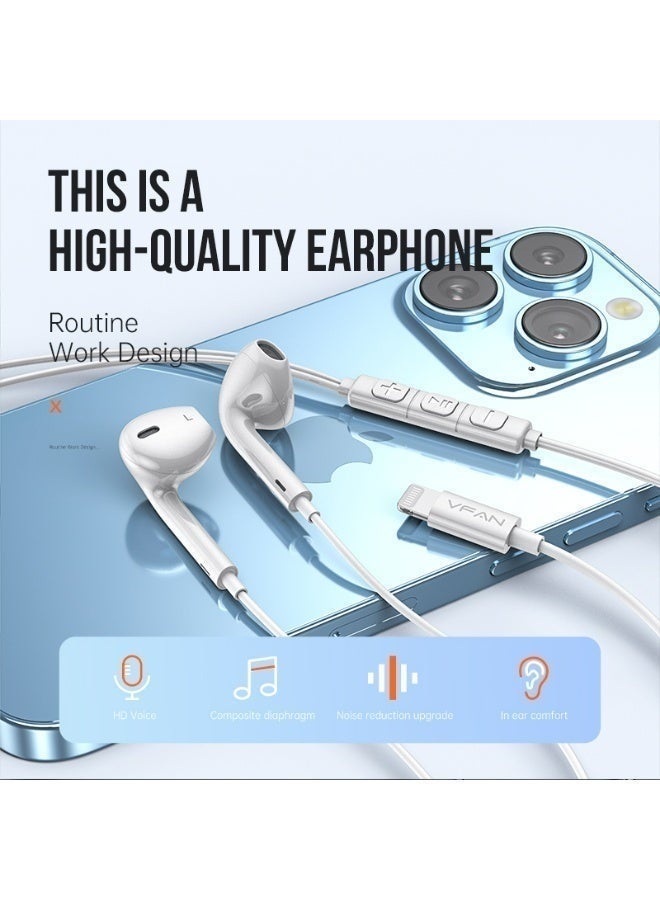 VFAN M21 Lightning Wired IEM Earphones with Built-in DAC Chip - 14.2mm Hi-Fi Stereo EarPods with HD Mic, Authentication Chip for iPhone-White - Image 3